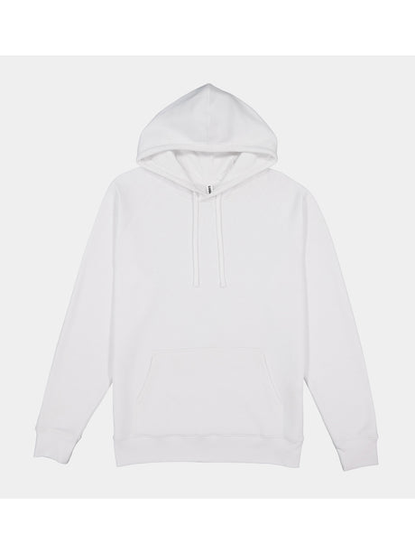 A classic fit white Mens Basis Hoodie with a front kangaroo pocket and adjustable drawcord hood.