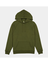 A women's olive green raglan sleeve hoodie with a front kangaroo pocket and adjustable drawstrings.