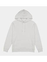 A plain white women's hoodie with a front kangaroo pocket and adjustable drawstrings.