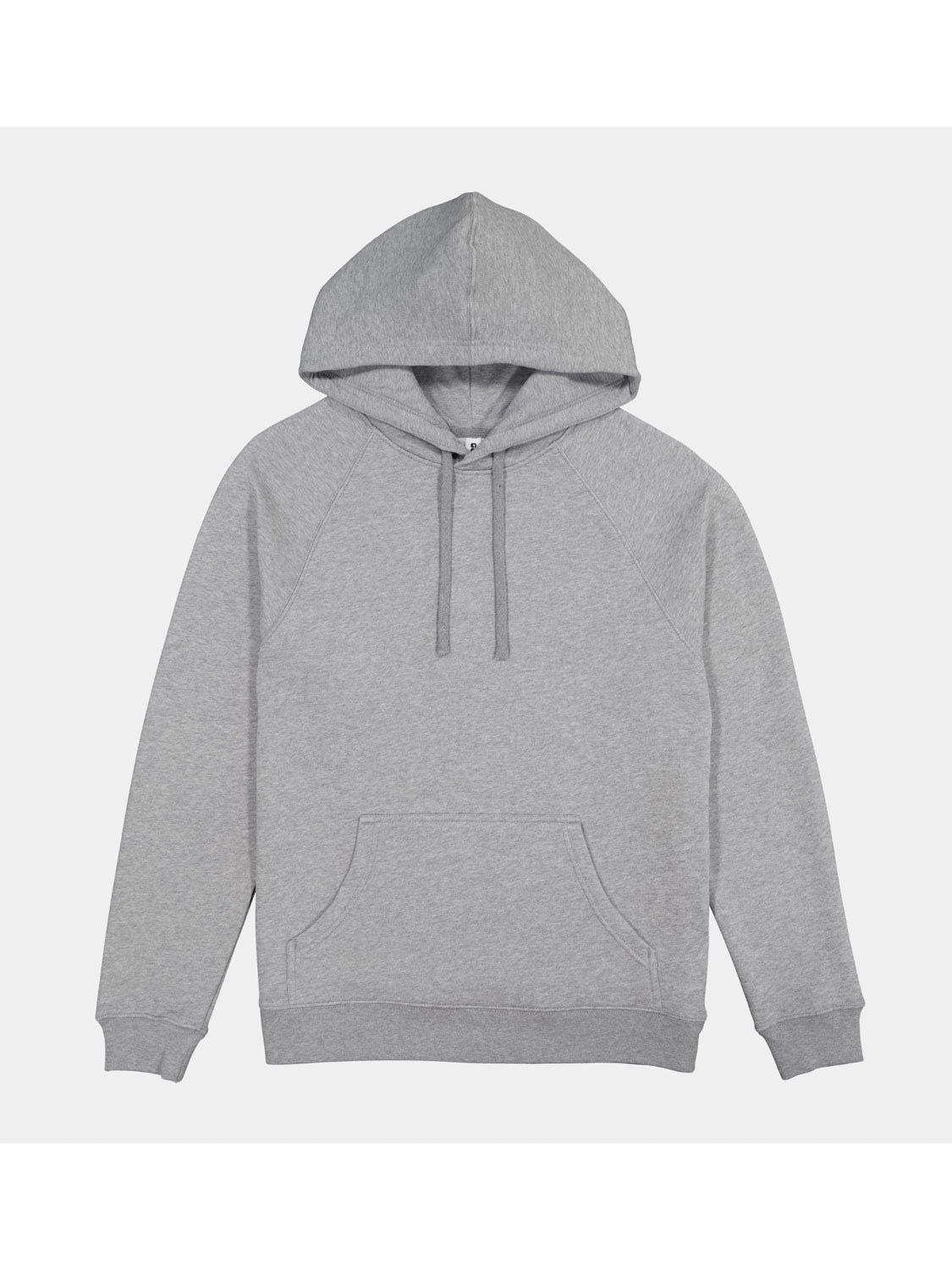 A light grey women's raglan sleeve hoodie with a front kangaroo pocket and adjustable drawstrings.
