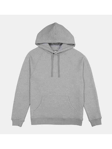 A light grey women's raglan sleeve hoodie with a front kangaroo pocket and adjustable drawstrings.