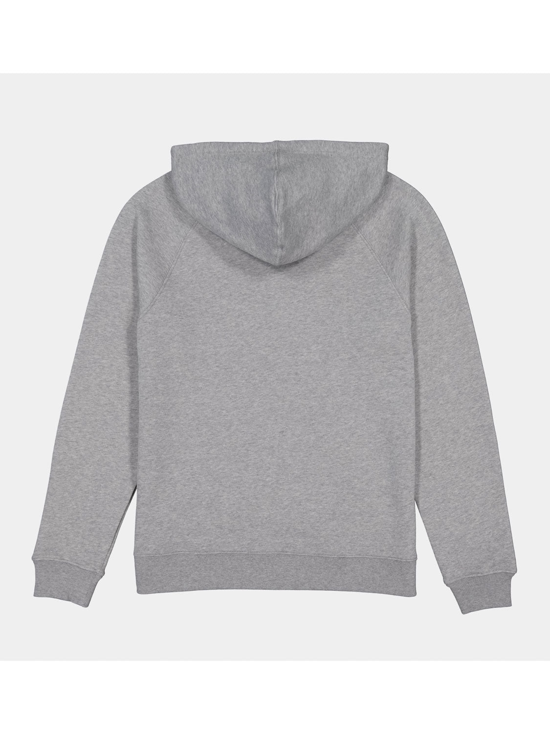 Back view of a women's grey marle hoodie with raglan sleeves and ribbed cuffs.
