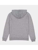 Back view of a women's grey marle hoodie with raglan sleeves and ribbed cuffs.