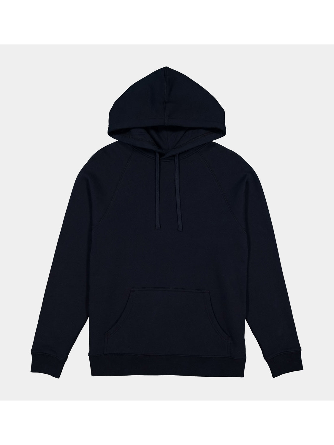 A navy blue women's raglan sleeve hoodie with a front kangaroo pocket and adjustable drawstrings.