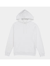 A plain white women's hoodie with a front kangaroo pocket and adjustable drawcord hood.