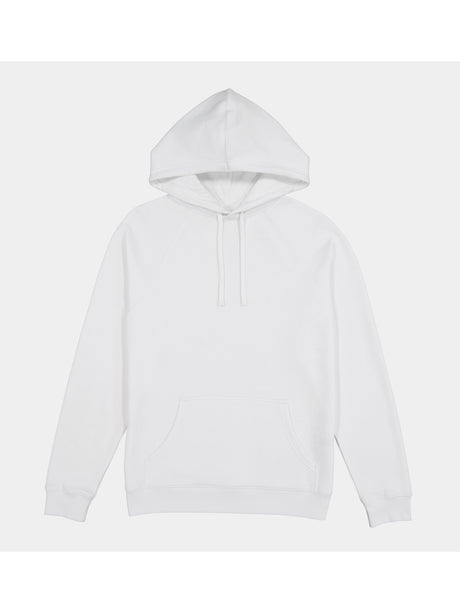 A plain white women's hoodie with a front kangaroo pocket and adjustable drawcord hood.