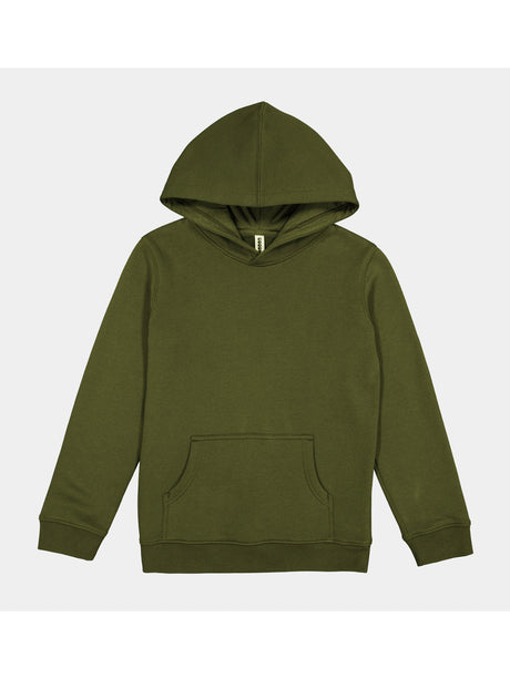 A plain olive green youth hoodie with a front kangaroo pocket and ribbed cuffs.