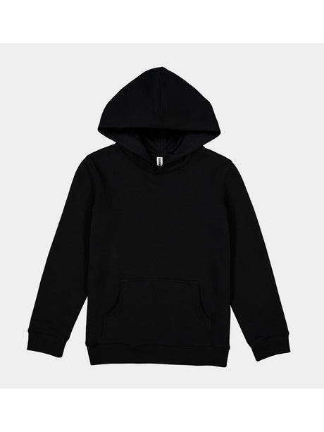 A plain black youth hoodie with a front kangaroo pocket and ribbed cuffs.