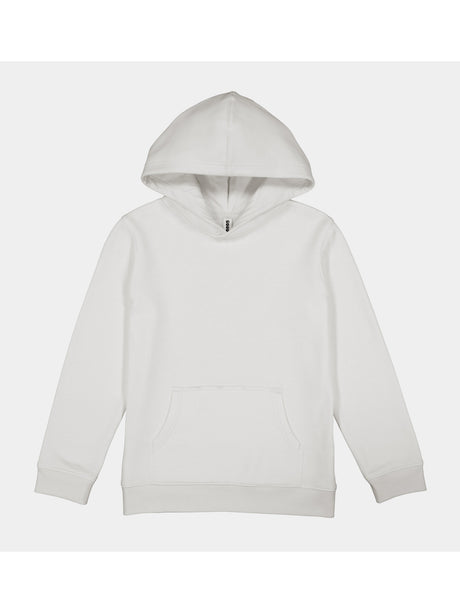 A plain white youth hoodie with a front kangaroo pocket, ribbed cuffs, and a hood.