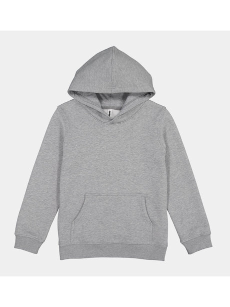 A plain grey youth hoodie with a front kangaroo pocket and ribbed cuffs.