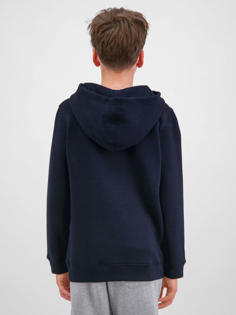 Rear view of a person wearing a navy blue Youth Basis Hoodie with a hood and ribbed hem.