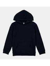 A plain navy blue youth hoodie with a front kangaroo pocket and ribbed cuffs.