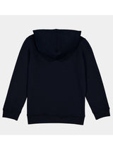 Back view of a navy blue youth hoodie with a classic fit and ribbed cuffs and waistband.