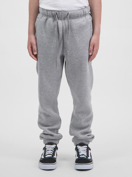Kids wearing grey Basis Track Pants with an elastic drawstring waist and cuffed ankles.