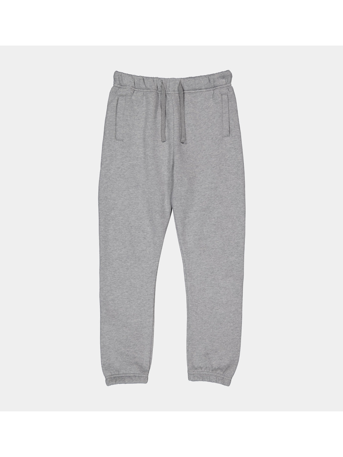 A pair of grey kids' track pants with an elastic drawstring waist and cuffed ankles.