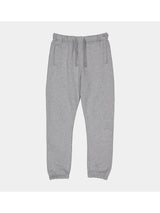 A pair of grey kids' track pants with an elastic drawstring waist and cuffed ankles.