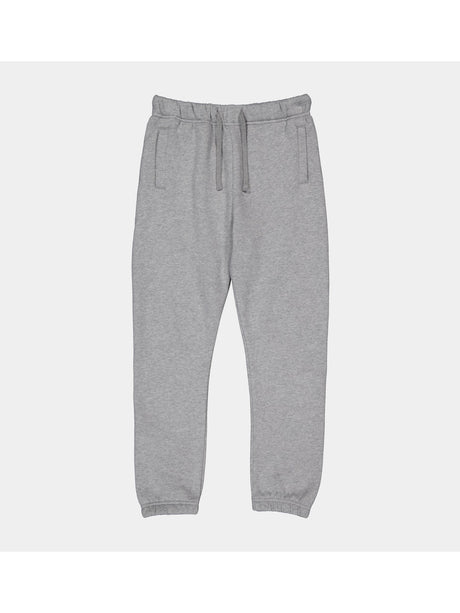 A pair of grey kids' track pants with an elastic drawstring waist and cuffed ankles.