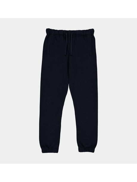 A pair of navy blue kids' track pants with an elastic drawstring waist and cuffed ankles.