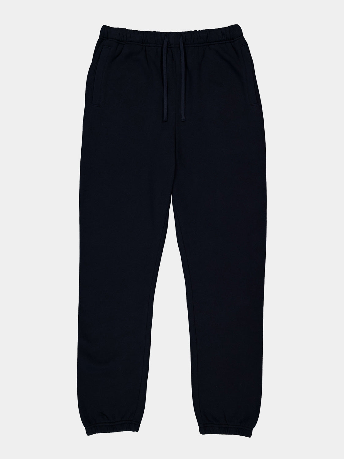 Mens Basis Track Pant in navy blue with an elastic drawstring waist and cuffed ankles.