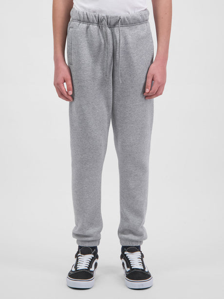 Youth Basis Track Pant in grey marle with an elastic drawstring waist and cuffed ankles.