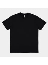 A plain black short sleeve crew neck t-shirt for men displayed against a light grey background.
