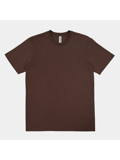 A dark brown, short-sleeve cotton t-shirt with a ribbed crew neckline and a relaxed fit.