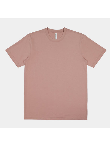 A dusty rose short sleeve cotton t-shirt with a ribbed crew neckline and a relaxed fit.