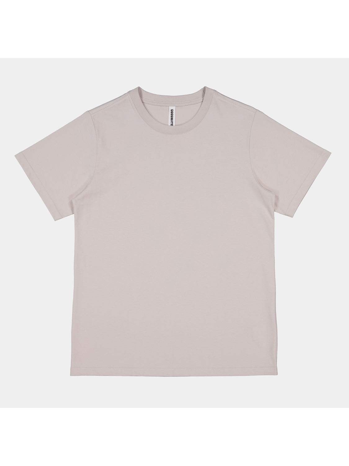 A light grey, short-sleeve women's cotton t-shirt with a ribbed crew neckline.