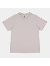 A light grey, short-sleeve women's cotton t-shirt with a ribbed crew neckline.