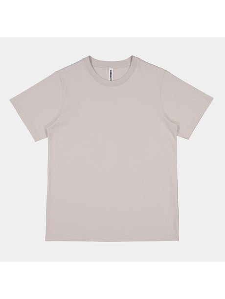 A light grey, short-sleeve women's cotton t-shirt with a ribbed crew neckline.