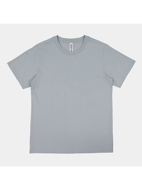 A light grey women's short sleeve cotton t-shirt with a ribbed crew neckline.