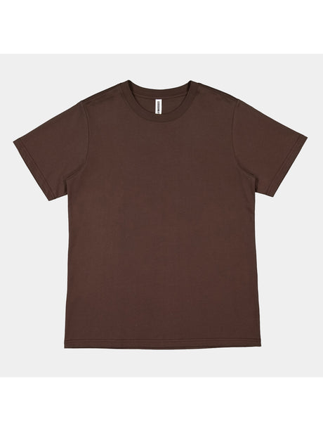 A brown short-sleeve cotton t-shirt with a ribbed crew neckline and a relaxed fit.