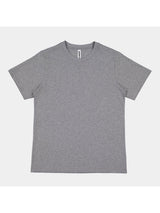 A grey, short-sleeve women's crew neck t-shirt laid flat against a light background.