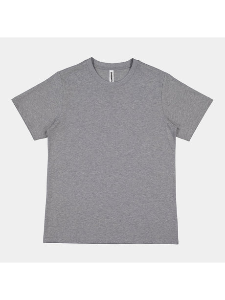 A grey, short-sleeve women's crew neck t-shirt laid flat against a light background.