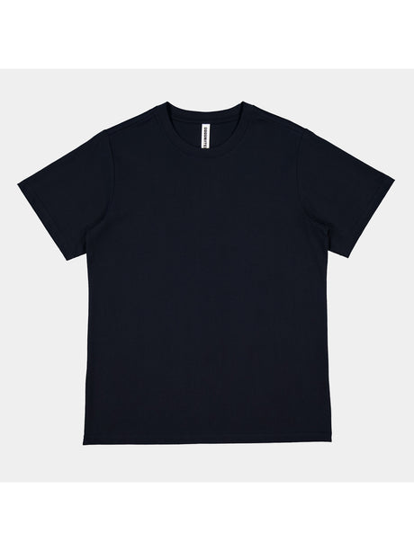 A navy blue women's short sleeve crew neck t-shirt laid flat against a light grey background.
