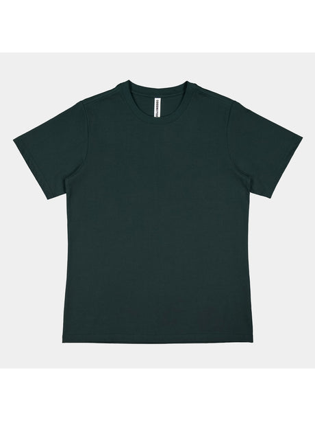A dark green women's short sleeve crew neck t-shirt laid flat against a light grey background.