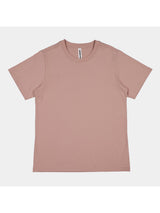 A dusty pink, short-sleeve women's cotton t-shirt with a ribbed crew neckline.