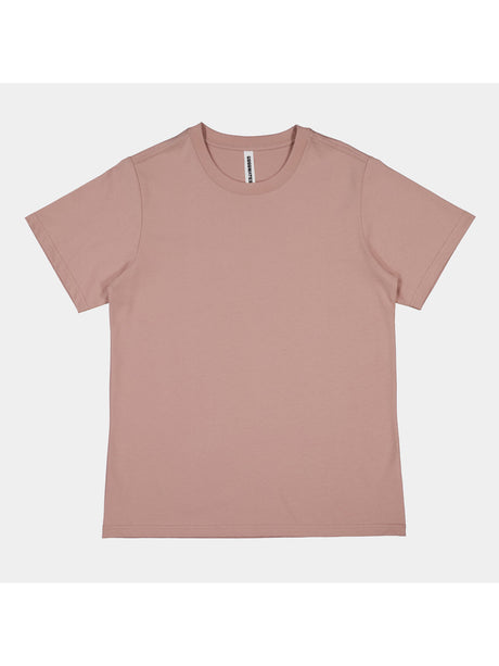 A dusty pink, short-sleeve women's cotton t-shirt with a ribbed crew neckline.