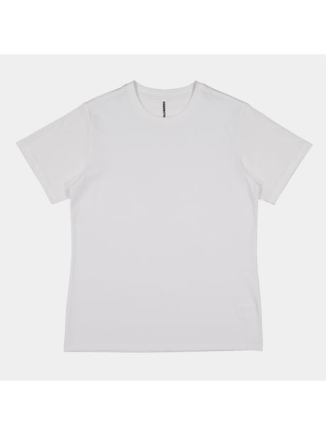A plain white women's short sleeve cotton t-shirt with a ribbed crew neckline.