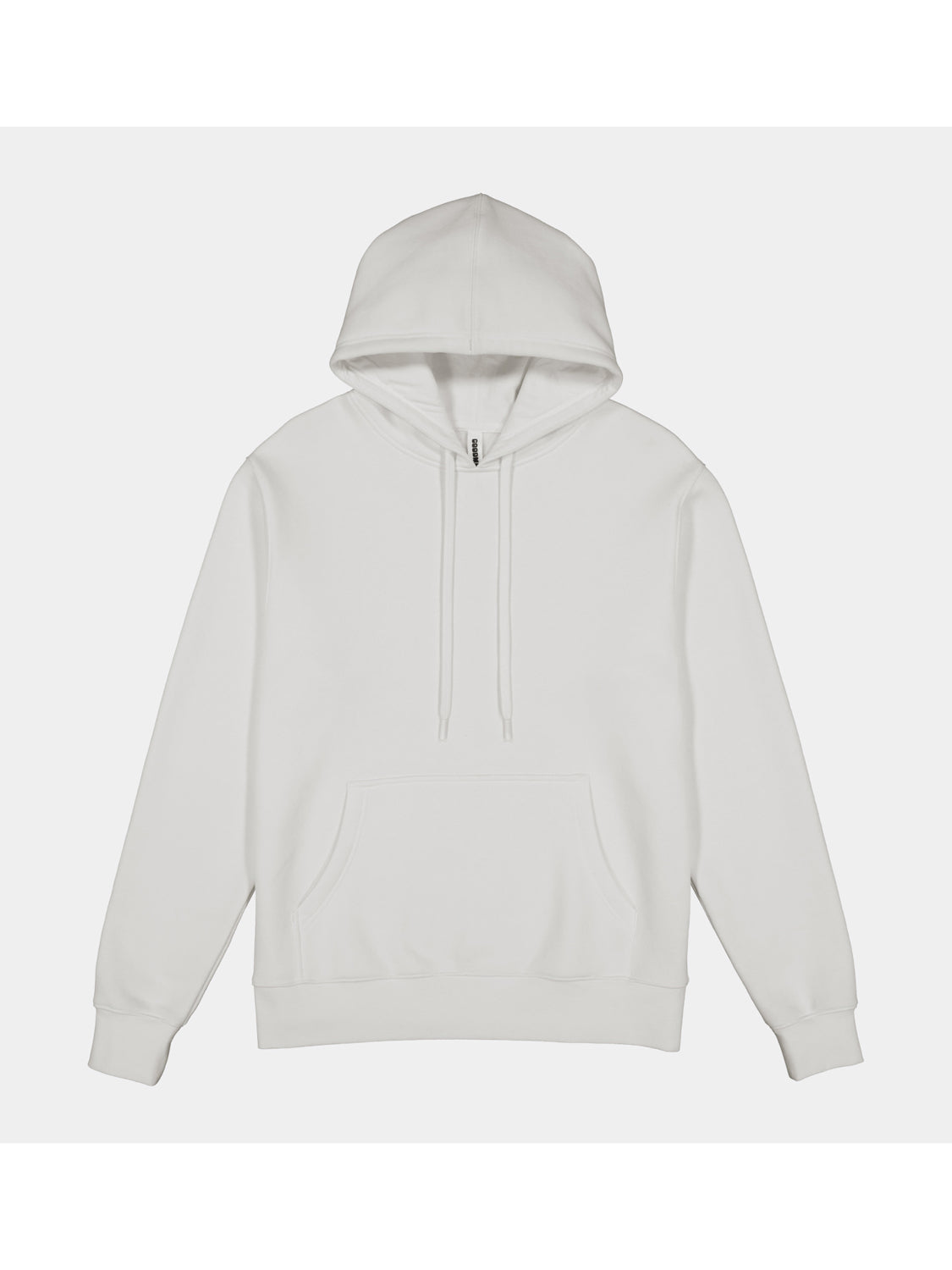 A plain white men's heavyweight hoodie with a front kangaroo pocket and drawstring hood.