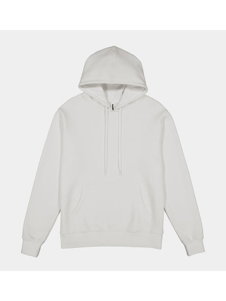 A plain white men's heavyweight hoodie with a front kangaroo pocket and drawstring hood.