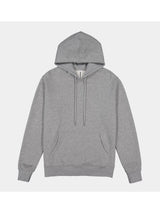 A classic grey heathered men's hoodie with a front kangaroo pocket and adjustable drawstrings.