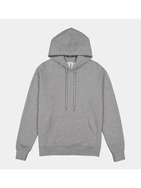 A classic grey heathered men's hoodie with a front kangaroo pocket and adjustable drawstrings.