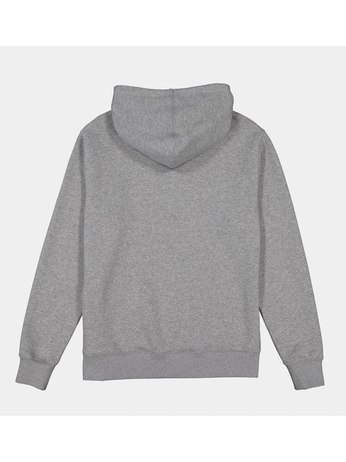 The back view of a classic grey heathered men's hoodie with a relaxed fit and ribbed cuffs.