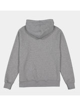 The back view of a classic grey heathered men's hoodie with a relaxed fit and ribbed cuffs.