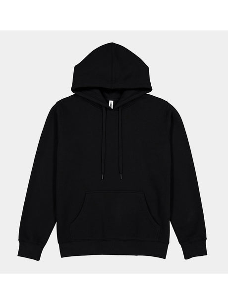 A black Womens Everyday Hoodie with a front pocket, drawstrings, and ribbed cuffs.