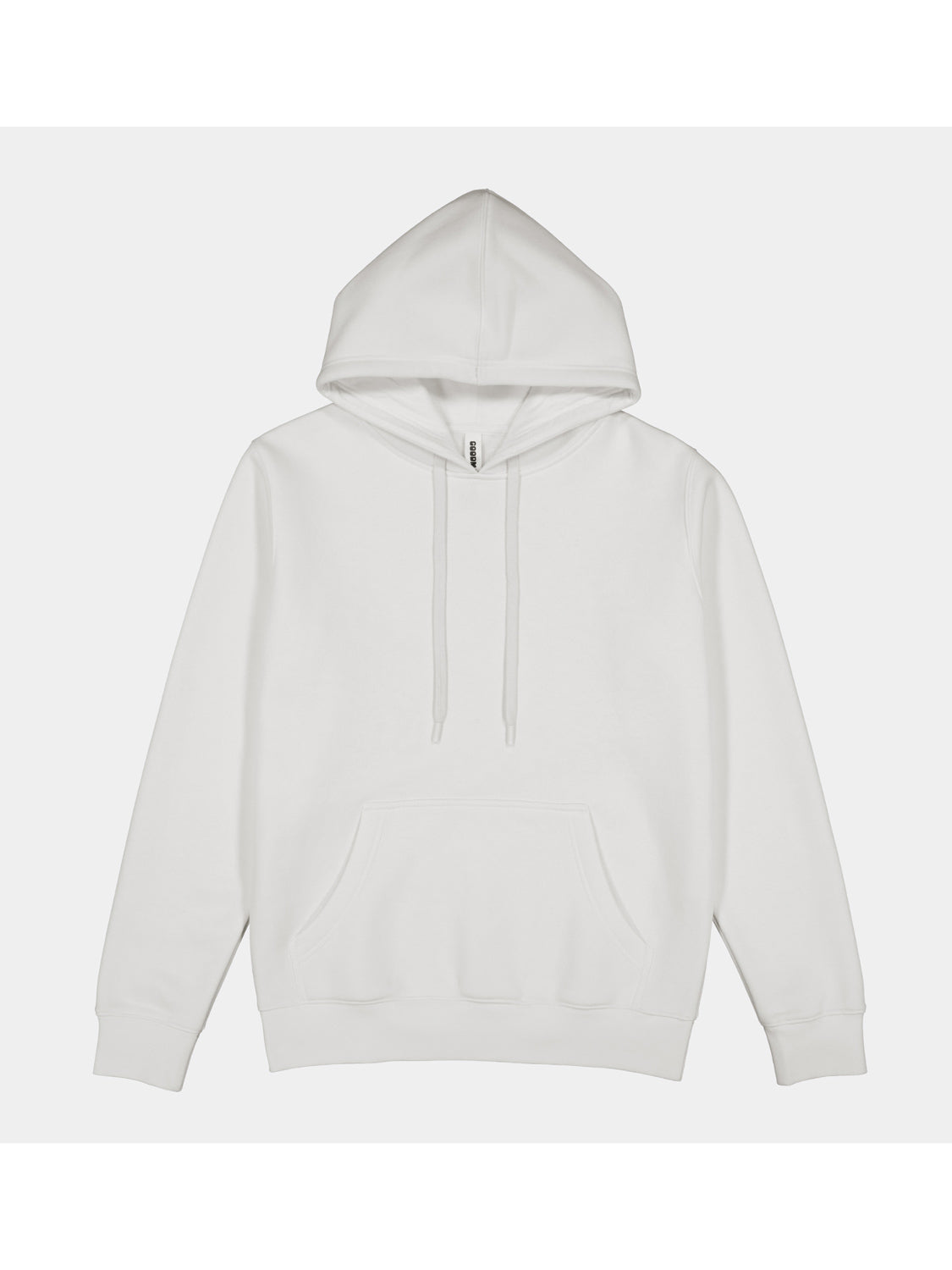 A plain white women's everyday hoodie with a front pocket and adjustable drawstrings.