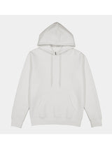 A plain white women's everyday hoodie with a front pocket and adjustable drawstrings.