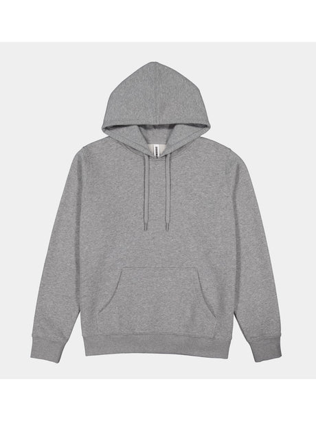 A grey heathered women's everyday hoodie with a front kangaroo pocket and drawstring hood.