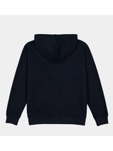 Back view of a navy blue women's everyday hoodie with a hood and ribbed cuffs.